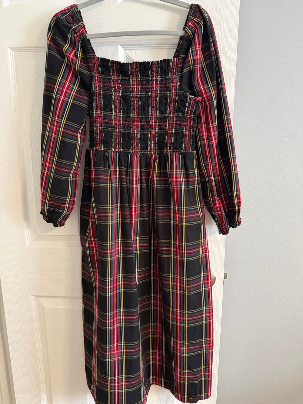 J. Crew Factory Tartan Plaid Smocked Puff Sleeve Midi Dress - size Medium